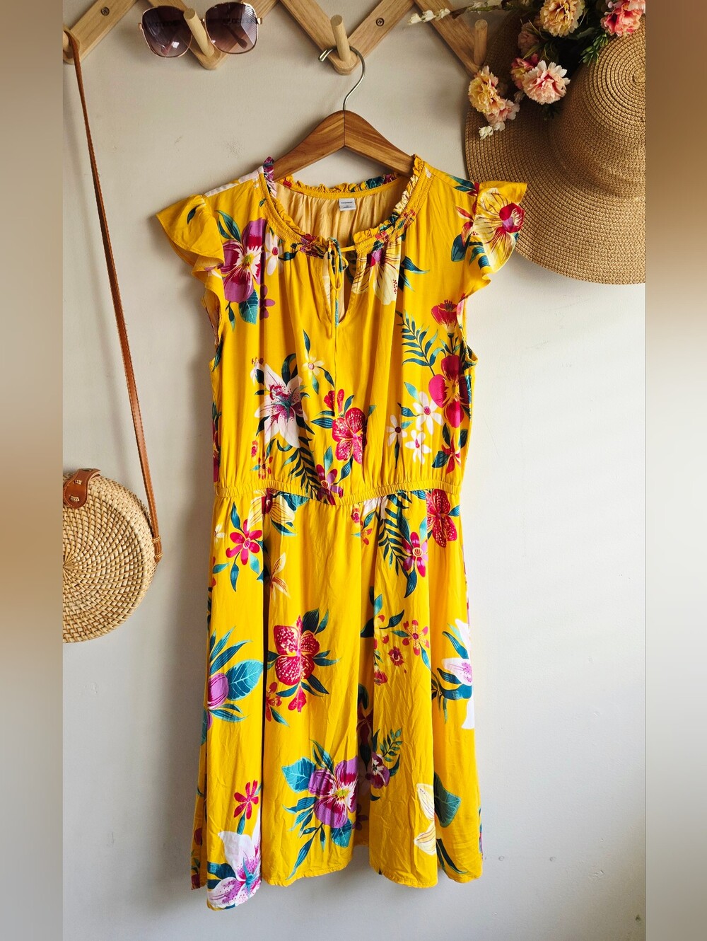 Old Navy Yellow Floral Midi Dress with Ruffle Sleeves
